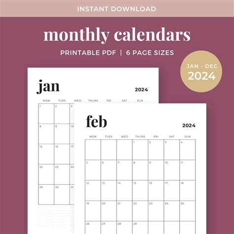 2024 Portrait Monthly Calendars, Printable Calendar Template ...