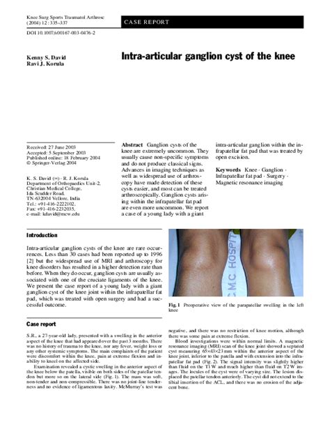 Pdf Intra Articular Ganglion Cyst Of The Knee