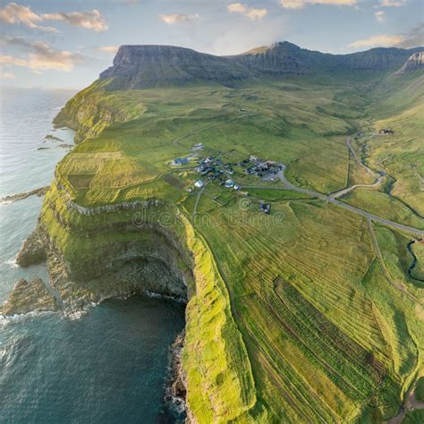 Aerial View Colorful Summer Landscape Of Faroese Fjords Calm Outdoor
