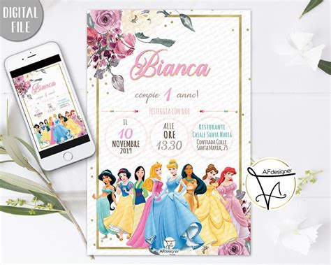 Digital Disney Princess Birthday Party Invitation Inviti Alla Festa