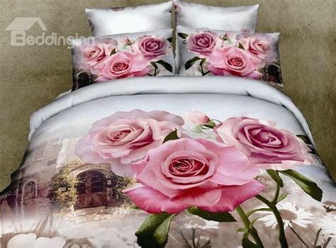 New Arrival Romantic Pink Roses Print 4 Piece Bedding Sets Floral