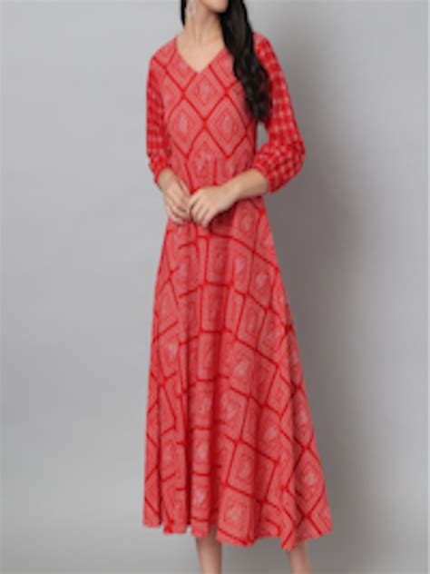 Buy Hello Design Red Ethnic Motifs Cotton A Line Midi Dress Ethnic