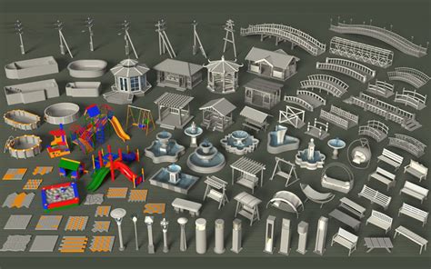 Blender公园建筑喷泉长凳3D模型游乐场桥梁电塔秋千路砖基础白模 CGgoat