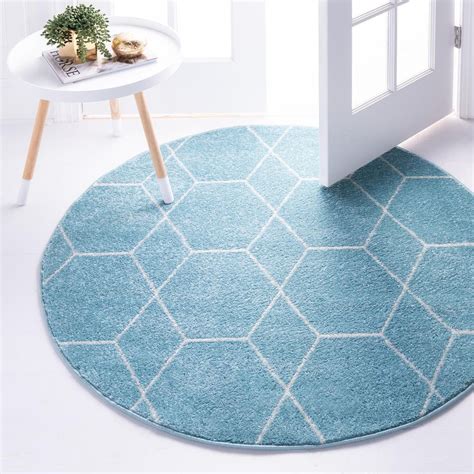 Unique Loom Geometric Trellis Frieze Rug Light Blueivory 5 1 Round