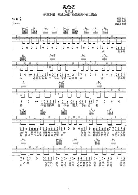 《孤勇者吉他谱》陈奕迅g调吉他图片谱2张 吉他谱大全