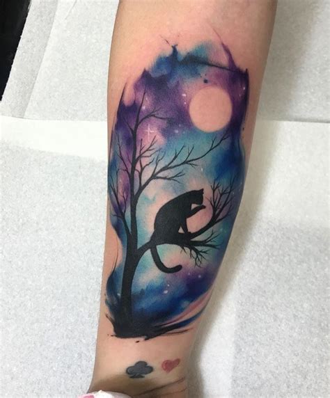 Watercolour galaxy cat silhouette tattoo | Cat silhouette tattoos ...