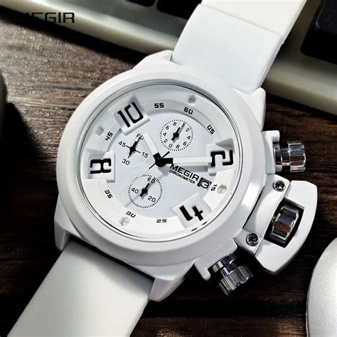 MEGIR Military Sport Watches Men White Silicone Strap Chronograph