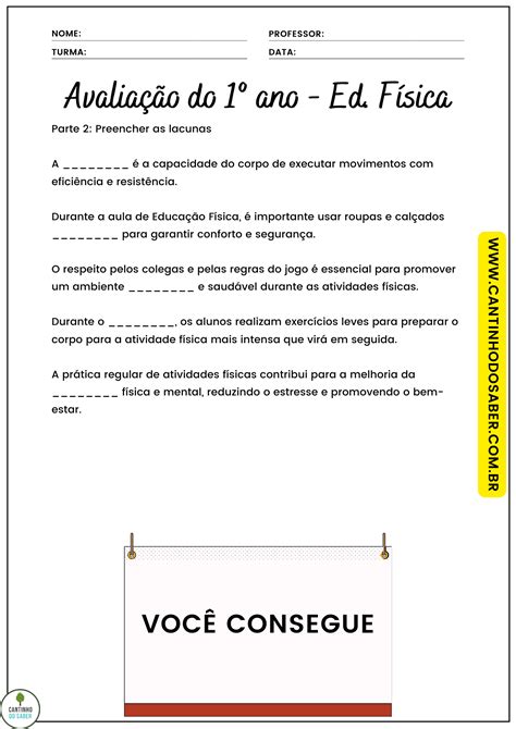 Avaliação De Educação Fisica 1 Ano