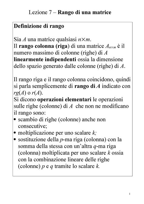 Spazi Lineari Rango Lezione Rango Di Una Matrice Definizione