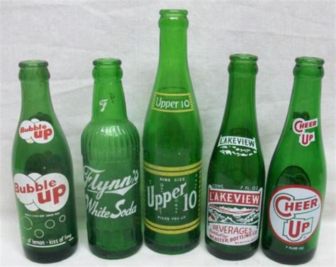 5 Vintage Green Glass Soda Bottles Bubble Up Upper 10 Flynn S White Lakeview Ebay