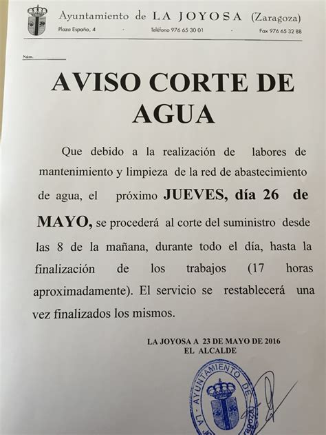 Aviso Corte De Agua Ayuntamiento La Joyosa Marlofa