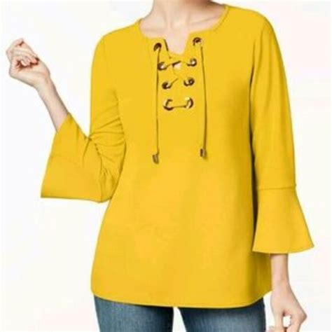 Charter Club Tops Charter Club Yellow Crepe Grommet Lace Up Bell