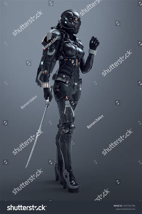 Science Fiction Cyborg Female Standing Holding Stock Illustration