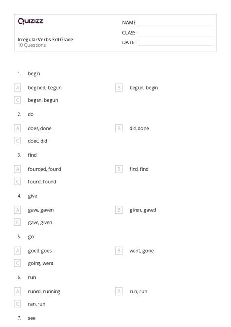 50 Irregular Verbs Worksheets For 3rd Year On Quizizz Free Printable