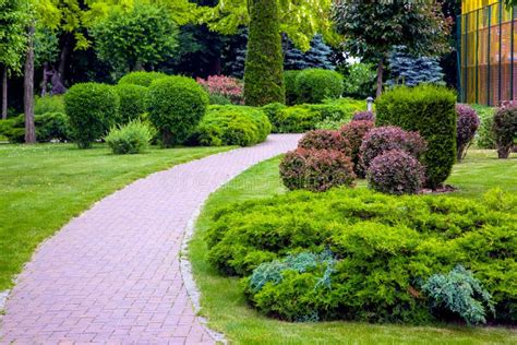 Curved Pedestrian Pavement Of Stone Tiles In Park With Landscaping And