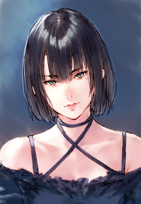 The Big Imageboard Tbib Bare Shoulders Black Hair Blue Background