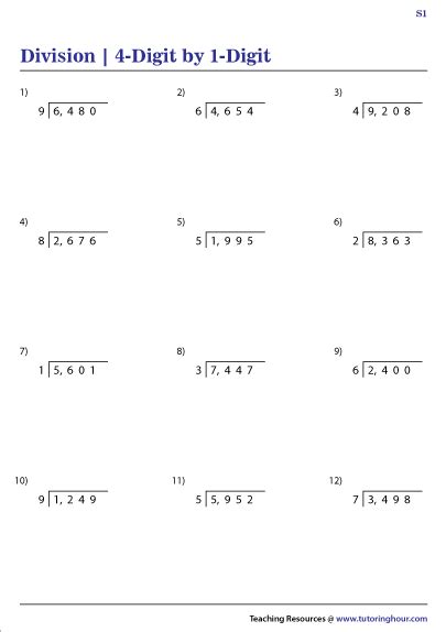 4 Digit By 1 Digit Division Worksheets No Remainders