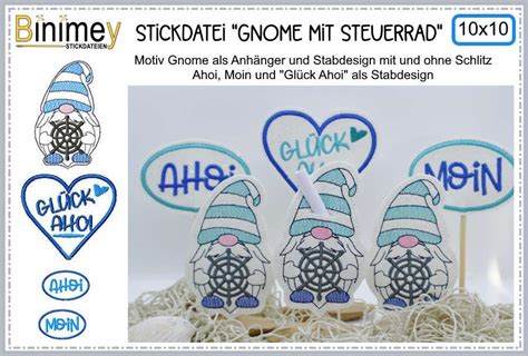 Stickdatei Geldgeschenk Anhänger und Stabdesign Gnome mit Steuerrad