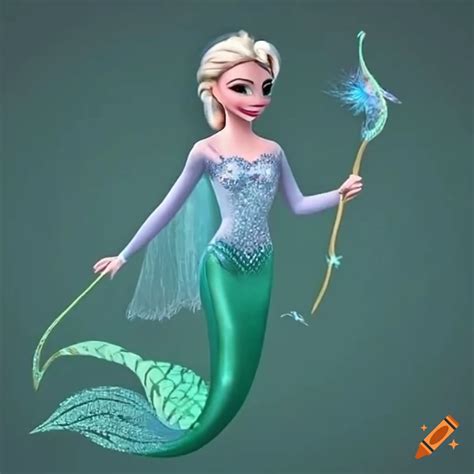 Elsa With A Green Mermaid Tail Holding A Bow And Arrows In A Fiery