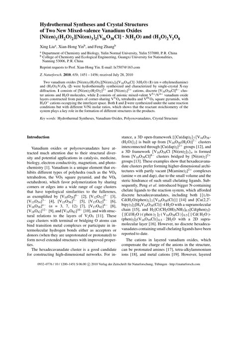 Pdf Hydrothermal Syntheses And Crystal Structures Of Two New Mixed Valence Vanadium Oxides [ni