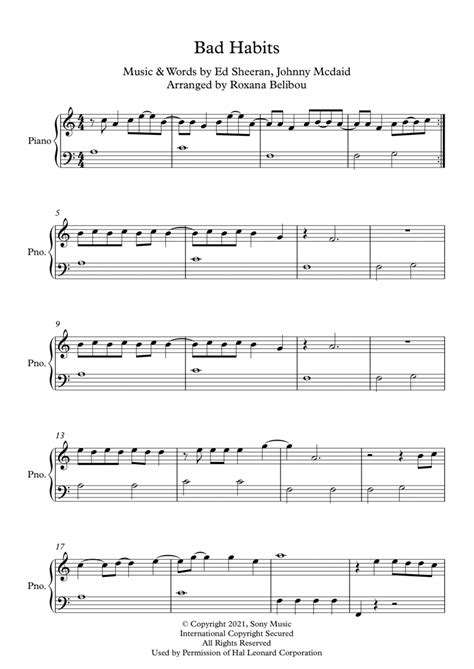 Bad Habits Arr Roxana Belibou By Ed Sheeran Sheet Music For Easy