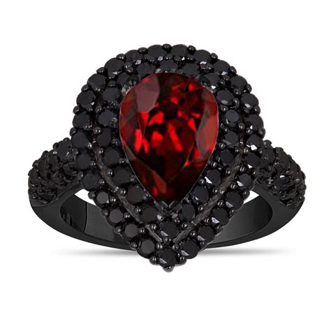 Pear Shaped Garnet Engagement Ring With Black Diamonds Double Halo