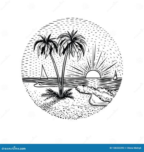 Line Beach Landscape with Palms and Sunset. Round Emblem, Card, Tattoo or Design Element. Stock ...