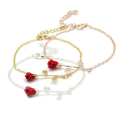 Red Rose Bracelet Simple Charms Flower Alloy Bracelets For Women 3