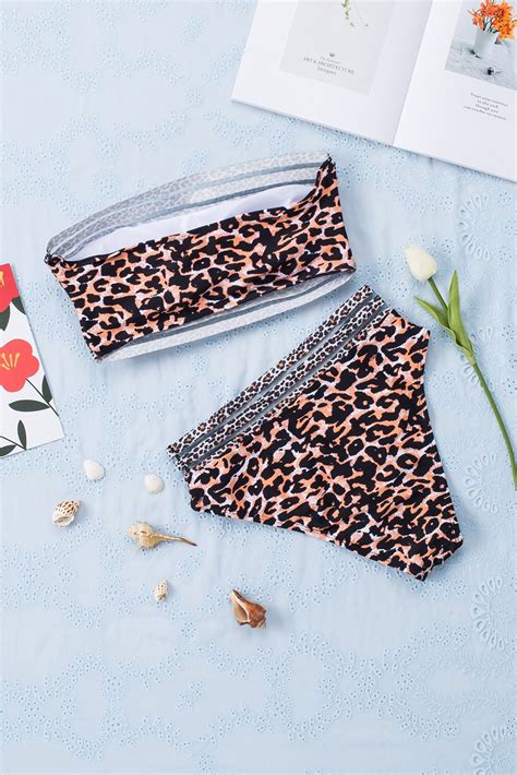 Us 6 4 Leopard Leopard Print Bandeau Webbing High Waist Sexy Bikini