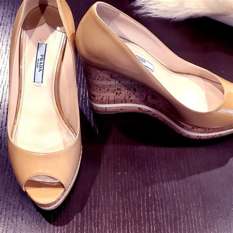 Prada Shoes Prada Nude Patent Peep Toe Cork Wedge Shoes Poshmark