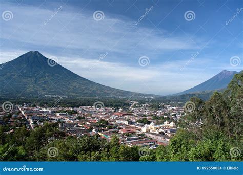 Antigua Guatemala at the Valley between Volcanoes Acatenango and Fuego ...