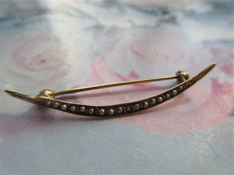 Antique 14K Crescent Moon Pin Seed Pearl Accents Ma Gem