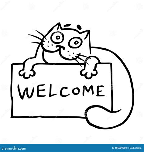 Cute Hospitable Cat Is Holding A Sign With The Word Welcome Isolated