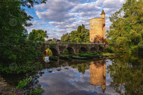 Lovers Bridge And Gunpower Tower At Minnewater Lake Of Love Locted In