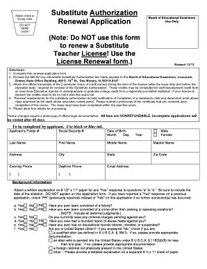 Fillable Online State Ia Substitute Authorization Renewal Form Iowa