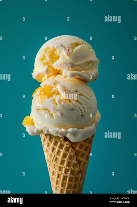 Two Scoops Of Lemon Ice Cream On Top Ice Cream Cone Blue Background