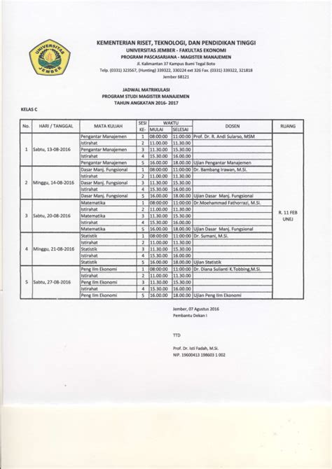 Jadwal Matrikulasi Program Studi Magister Manajemen T A