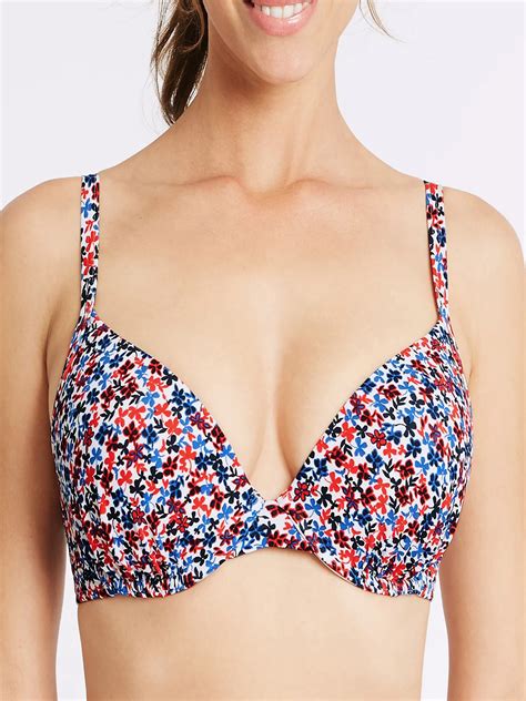 Red Ditsy Floral Print Plunge Bikini Top Size To A B C D Dd E