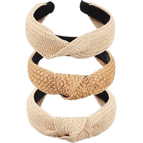 3 Pieces Straw Knotted Headbands For Women Summer Beach Rattan Top Knot