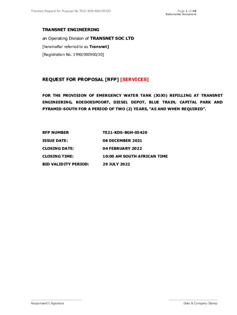 Fillable Online Transnet Request For Proposal No Te Kds Gh Fax