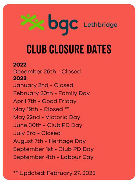 Club Closure Days - BGC Lethbridge