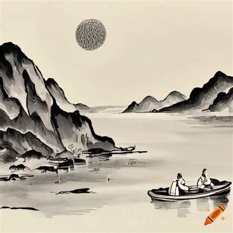 Chinese Ink Painting Of A Serene Lake And Mountains