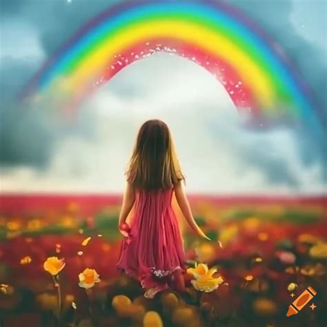 Imagen de una niña en un campo de flores con un arcoiris