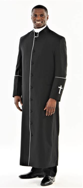 Mens Black And White Preacher Clergy Robe With Piping And Embroidery