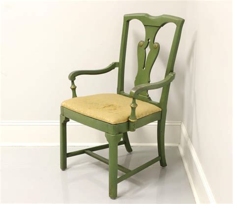 Farmhouse Style Green Painted Armchair with Distressed Finish For Sale ...