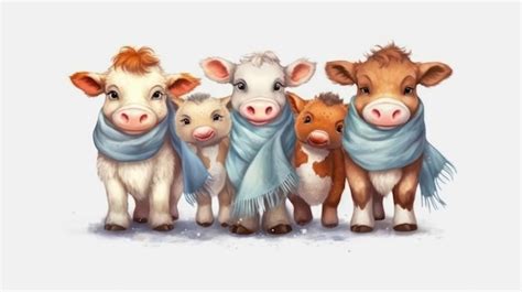 Una Caricatura De Un Grupo De Vacas Con Un Pa Uelo Azul Foto Premium