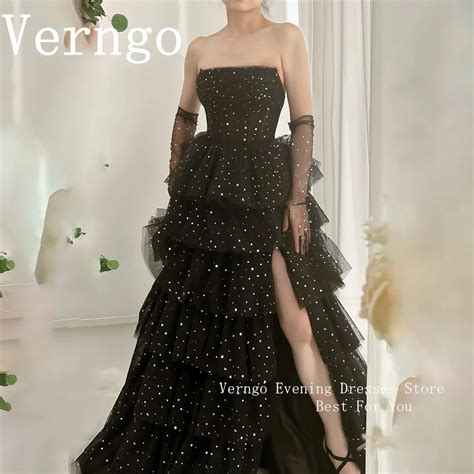 Verngo Black Tulle Evening Dress Women Elegant Lace Up Tiered Party