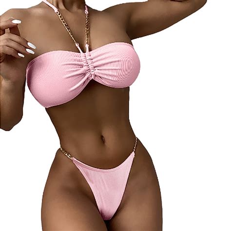 Women Two Piece Thong Bikini Set Sexy Halter Triangle Push Up Swimsuit