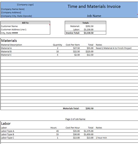 Free Time and Materials Invoice (Printable/Excel Template) | Invoice ...