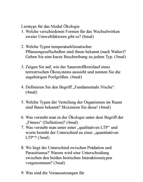 Kologie Fragen Lerntyps F R Das Modul Kologie Welche Verschiedenen